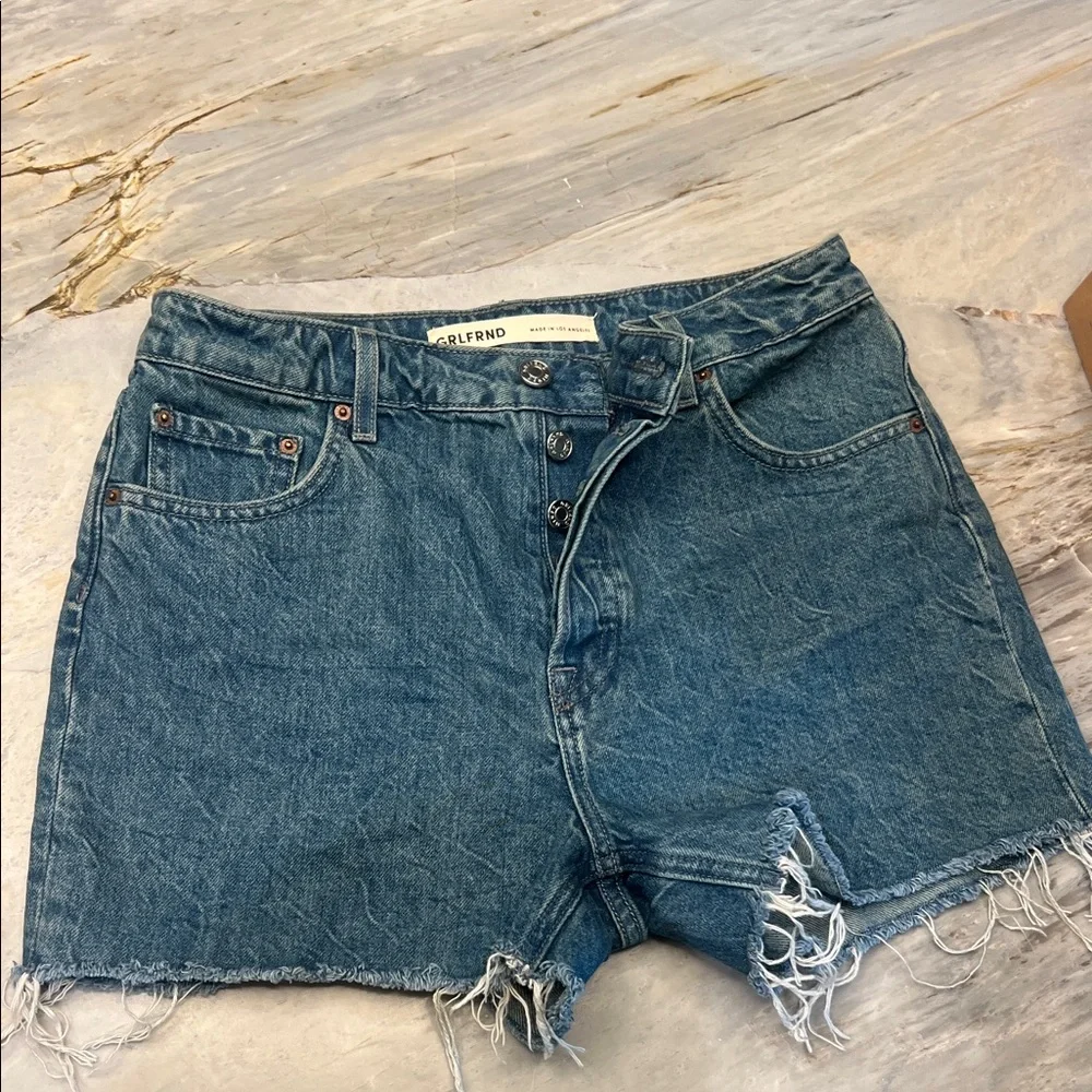 GRLFRND Helena Deep Springs Blue Denim Frayed Shorts size 26 NWOT